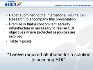 “ Twelve required attributes for a solution to securing SDI” Paper submitted to the International Journal SDI Research to accompany this presentation Premise is that a concomitant security infrastructure is necessary to realise SDI objectives where protected resources are involved  Table 1 posits: 