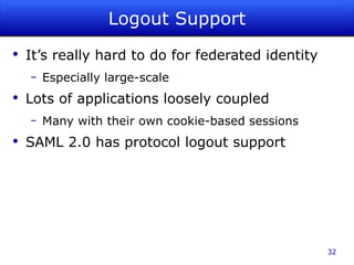 Why Federated Identity? Authoritative  information Users, privileges, attributes Improved security Fewer user accounts in the world Privacy when needed Fine control over attribute sharing Saves time & money Less work administrating users 