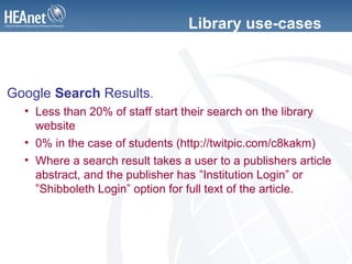 Library use-cases
Google Search Results.
• Less than 20% of staff start their search on the library
website
• 0% in the case of students (http://twitpic.com/c8kakm)
• Where a search result takes a user to a publishers article
abstract, and the publisher has ”Institution Login” or
”Shibboleth Login” option for full text of the article.
 