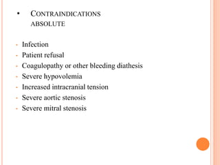 • CONTRAINDICATIONS
ABSOLUTE
• Infection
• Patient refusal
• Coagulopathy or other bleeding diathesis
• Severe hypovolemia
• Increased intracranial tension
• Severe aortic stenosis
• Severe mitral stenosis
 