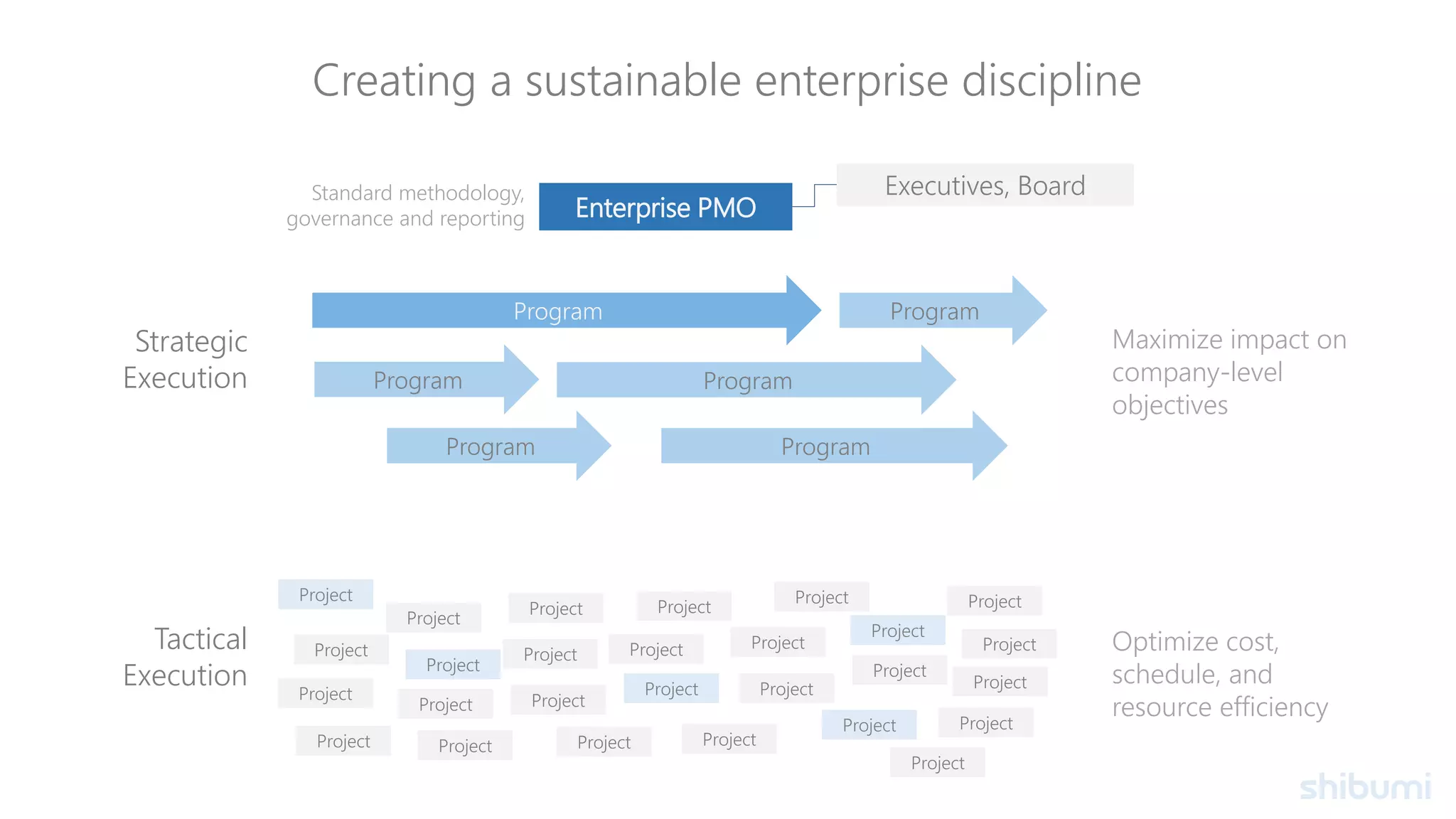 Program
Program
Strategic
Execution
Tactical
Execution
Optimize cost,
schedule, and
resource efficiency
Program
Enterprise PMO
Maximize impact on
company-level
objectives
Program
Project
Standard methodology,
governance and reporting
Project
Project
Project
Project
Project
Project
Project
Executives, Board
ProgramProgram
Creating a sustainable enterprise discipline
Project
Project
Project Project
Project
Project
Project
Project
Project
Project
Project
Project
Project
Project
Project
Project
Project
Project
Project
 