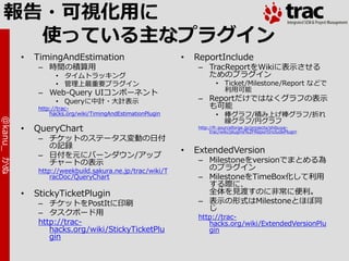 報告・可視化用に
   使っている主なプラグイン
            •   TimingAndEstimation                             •   ReportInclude
                 – 時間の積算用                                           – TracReportをWikiに表示させる
                       • タ゗ムトラッキング                                    ためのプラグ゗ン
                       • 管理上最重要プラグ゗ン                                       • Ticket/Milestone/Report などで
                 – Web-Query UIコンポーネント                                       利用可能
                       • Queryに中計・大計表示                              – Reportだけではなくグラフの表示
                 http://trac-                                         も可能
                     hacks.org/wiki/TimingAndEstimationPlugin              • 棒グラフ/積み上げ棒グラフ/折れ
@kanu_ かぬ




                                                                             線グラフ/円グラフ
            •   QueryChart                                          http://fr.sourceforge.jp/projects/shibuya-
                                                                         trac/wiki/plugins%2FReportIncludePlugin
                 – チケットのステータス変動の日付
                   の記録
                                                                •   ExtendedVersion
                 – 日付を元にバーンダウン/ゕップ
                   チャートの表示                                          – Milestoneをversionでまとめる為
                 http://weekbuild.sakura.ne.jp/trac/wiki/T            のプラグ゗ン
                     racDoc/QueryChart                              – MilestoneをTimeBox化して利用
                                                                      する際に、
            •   StickyTicketPlugin                                    全体を見渡すのに非常に便利。
                 – チケットをPostItに印刷                                   – 表示の形式はMilestoneとほぼ同
                                                                      じ
                 – タスクボード用
                                                                    http://trac-
                 http://trac-                                          hacks.org/wiki/ExtendedVersionPlu
                    hacks.org/wiki/StickyTicketPlu                     gin
                    gin
 