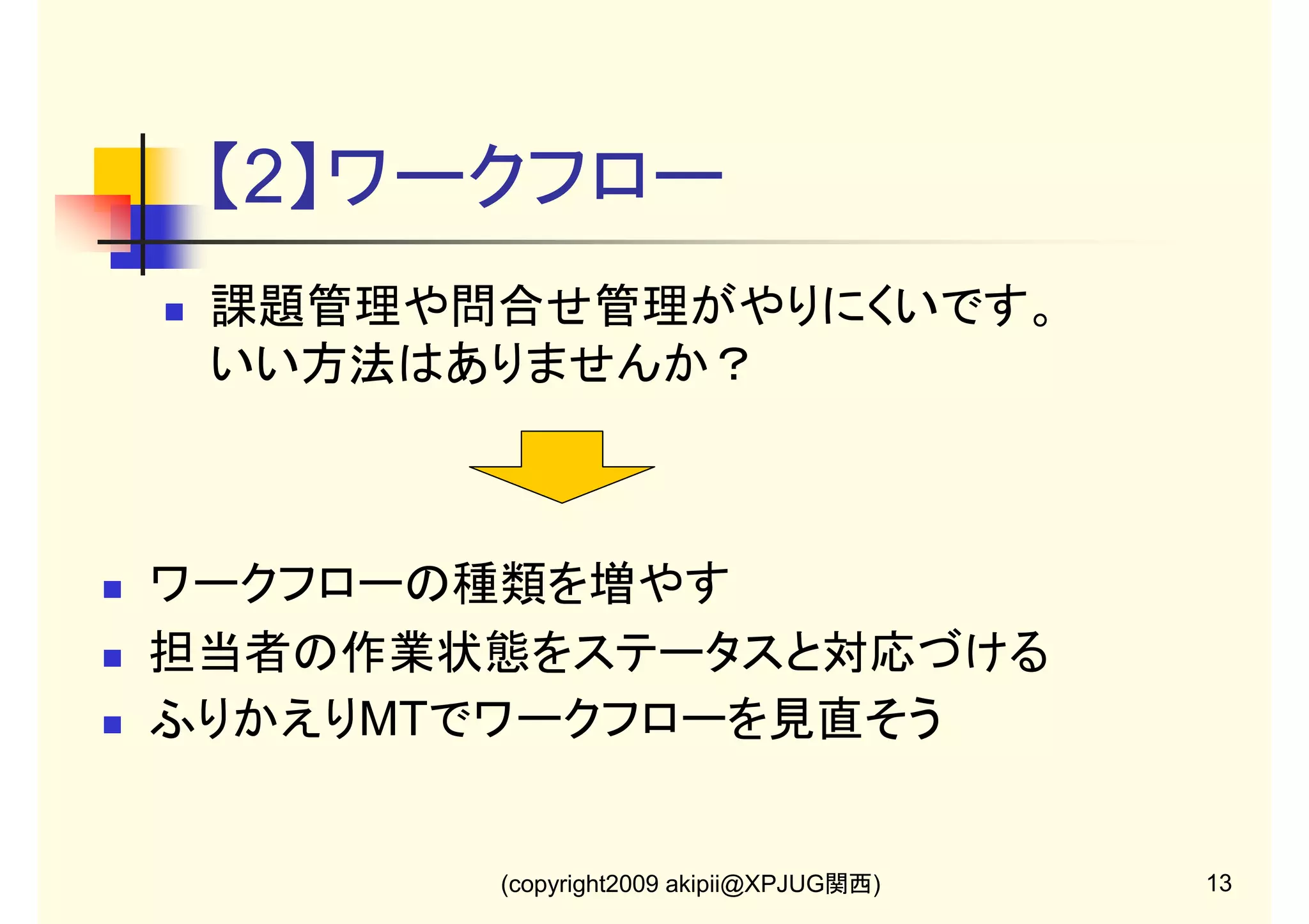 【1-1】Redmineチケット

Redmine Ver 0.8.4

チケットの種類と番号
作業状態

リリースするバージョン
チケットとソース
がリンクする

マージ作業のチケット
とリンクする

(copyright2009 akipii@XPJUG関西)

11

 