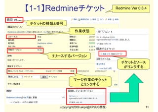 【1】チケット
チケットは仕様書ですか？
チケットはどれくらい詳細に書くべきか？
チケットを乱発、放置しない運用の注意点は？

チケットをXPのタスクカードのように扱う
チケットは要件管理にも使えるはず(試行錯誤中)
1個の成果物を1~5人日以内に作る程度
複雑なタスク、遅延したタスクは分割統治
定期的にチケットの棚卸しを行う
チケット保守担当者は現場リーダー
(copyright2009 akipii@XPJUG関西)

10

 