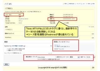 「fixes #ﾁｹｯﾄNo」とコミットログに書くと、進捗率やス
テータスを自動更新してくれる
⇒ソース管理連携はRedmineが最も優れている

・リモートSCMをサポート！
・SVN以外のSCM(CVS, Git,
Mercurial等)と連携可能

(copyright2009 akipii@XPJUG関西)

23

 