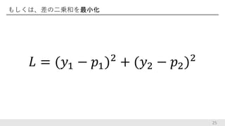 もしくは、差の二乗和を最小化
25
𝐿 = (𝑦1 − 𝑝1)2
+ (𝑦2 − 𝑝2)2
 