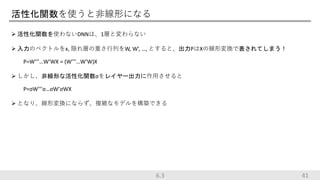 活性化関数を使うと非線形になる
 活性化関数を使わないDNNは、1層と変わらない
 入力のベクトルをx, 隠れ層の重さ行列をW, W’, …, とすると、出力PはXの線形変換で表されてしまう！
P=W’’’…W’WX = (W’’’…W’W)X
 しかし、非線形な活性化関数σをレイヤー出力に作用させると
P=σW’’’σ…σW’σWX
 となり、線形変換にならず、複雑なモデルを構築できる
416.3
 