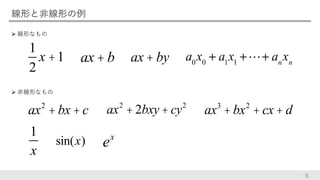 線形と非線形の例
 線形なもの
 非線形なもの
6
ax + b
1
2
x +1 ax + by
ax2
+ bx + c ax3
+ bx2
+ cx + d
ex
sin(x)
1
x
ax2
+ 2bxy + cy2
 