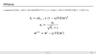 RMSprop
 AdaGradの改良版。勾配の二乗の指数移動平均をとるよう変更(より直近の勾配更新を優先して計算する)。
698.5.2
 