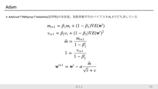 Adam
 AdaGradやRMSpropやAdaDelta(説明略)の改良版。指数移動平均のバイアスを 𝑚, 𝑣で打ち消している
708.5.3
 