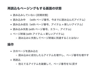 再読込もページングもする画面の状態
読み込みしていない[初期状態]
読み込み中 （with ページ番号、今までに読み込んだアイテム）
読み込み成功（with ページ番号、アイテム+ 新しいアイテム）
読み込み失敗(with ページ番号、エラー、アイテム)
ページ終端(with アイテム+ 新しいアイテム)
読み込みに失敗してページ終端に到達することはない
操作
次のページを読み込む
読み込みに成功したらアイテムを増やし、ページ番号を増やす
再読込
抱えてるアイテムを破棄して、ページ番号を1に戻す
 