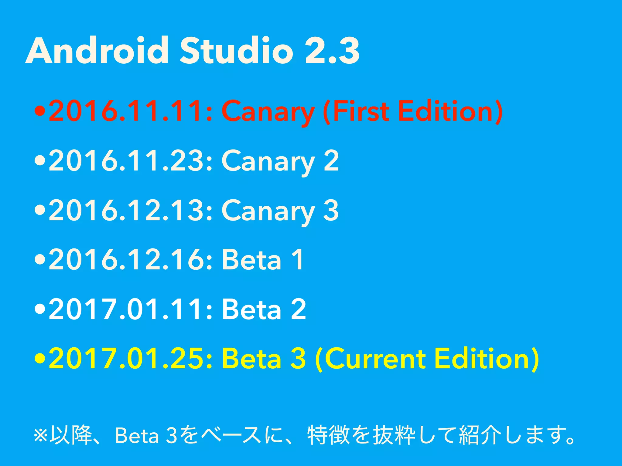 Android Studio 2.3
•2016.11.11: Canary (First Edition)
•2016.11.23: Canary 2
•2016.12.13: Canary 3
•2016.12.16: Beta 1
•2017.01.11: Beta 2
•2017.01.25: Beta 3 (Current Edition)
※ Beta 3
 