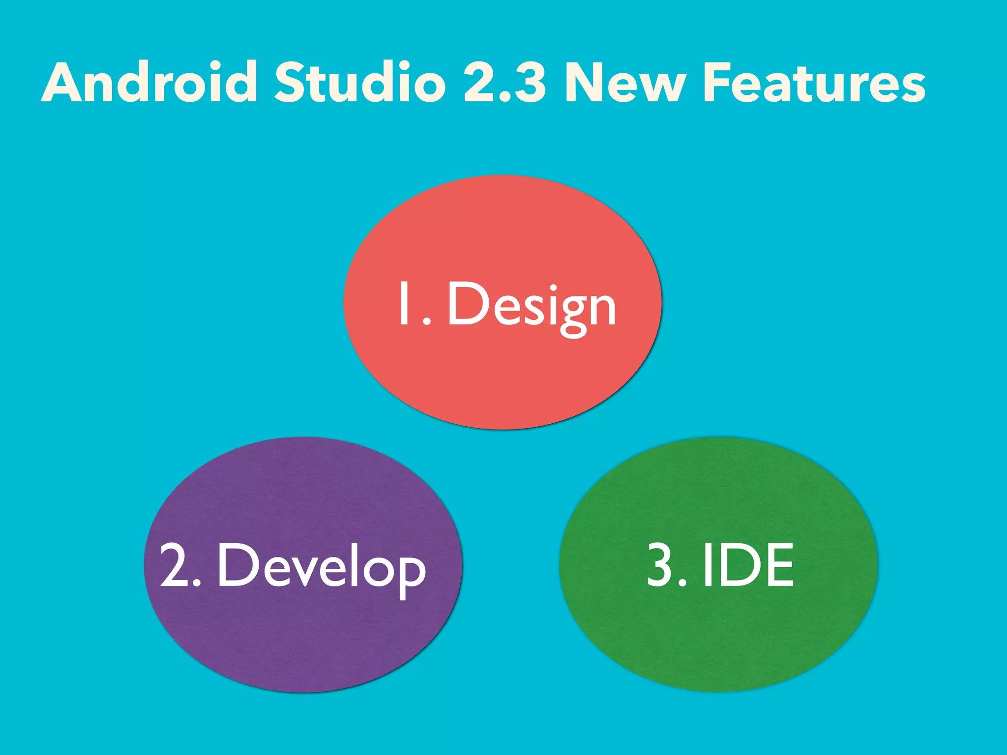 Android Studio 2.3 New Features
2. Develop
1. Design
3. IDE
 