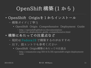2014-05-31 第六回 #渋谷java 11
OpenShift 構築 (1 から )
●
OpenShift Originを 1 からインストール
– 構築ガイド ( 丁寧 !)
●
OpenShift Origin Comprehensive Deployment Guide
– http://openshift.github.io/documentation-
latest/oo_deployment_guide_comprehensive.html
●
構築にあたっての注意点など
– 現状は Fedora19 で構築するのがおすすめ
– 以下、拙エントリも参考ください
●
OpenShift Origin構築にあたっての注意点
– http://emamotor.org/2014/5/26/openshift-origin-deployment-
note
 