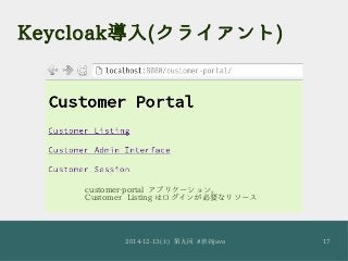 Keycloak導入(クライアント) 
customer-portal アプリケーション。 
Customer Listing はログインが必要なリソース 
2014-12-13(土) 第九回 #渋谷java 17 
 