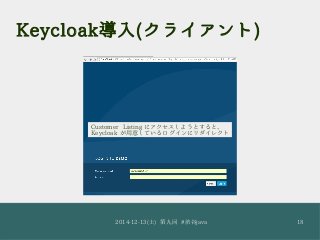 Keycloak導入(クライアント) 
Customer Listing にアクセスしようとすると、 
Keycloak が用意しているログインにリダイレクト 
2014-12-13(土) 第九回 #渋谷java 18 
 