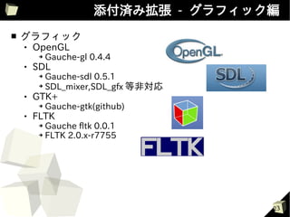 添付済み拡張 - グラフィック編
■   グラフィック
       OpenGL
         ➔   Gauche-gl 0.4.4
       SDL
         ➔ Gauche-sdl 0.5.1
         ➔
           SDL_mixer,SDL_gfx 等非対応
       GTK+
         ➔   Gauche-gtk(github)
       FLTK
         ➔ Gauche fltk 0.0.1
         ➔ FLTK 2.0.x-r7755




                                       23
 