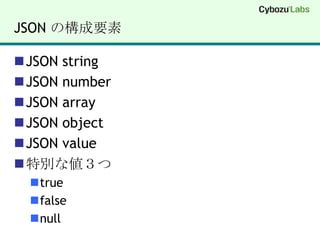 JSON の構成要素JSON stringJSON numberJSON arrayJSON objectJSON value特別な値３つtruefalsenull