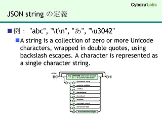 JSON string の定義例： "abc", "\t\n", "あ", "\u3042"A string is a collection of zero or more Unicode characters, wrapped in double quotes, using backslash escapes. A character is represented as a single character string.