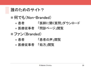 誰のためのサイト？
 何でも（Non-Branded）
     患者      「医師に聞く質問」ダウンロード
     医療従事者   「問診ページ」閲覧
 ファン（Branded）
     患者      「患者の声」閲覧
     医療従事者   「処方」閲覧




                                29
 