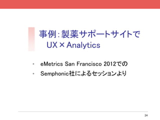 事例：製薬サポートサイトで
     UX×Analytics

•   eMetrics San Francisco 2012での
•   Semphonic社によるセッションより




                          ...