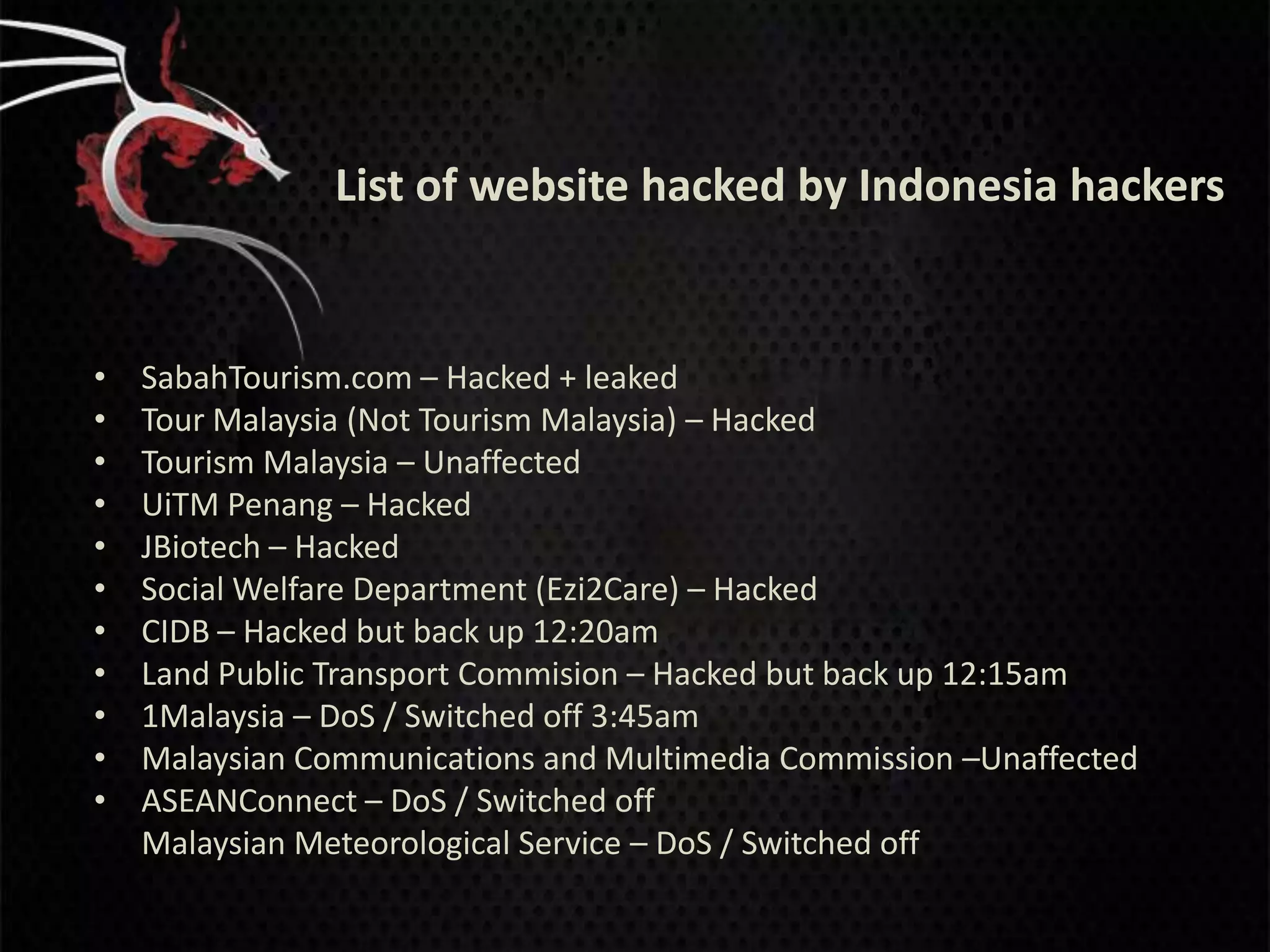 List of website hacked by Indonesia hackers


•   SabahTourism.com – Hacked + leaked
•   Tour Malaysia (Not Tourism Malaysia) – Hacked
•   Tourism Malaysia – Unaffected
•   UiTM Penang – Hacked
•   JBiotech – Hacked
•   Social Welfare Department (Ezi2Care) – Hacked
•   CIDB – Hacked but back up 12:20am
•   Land Public Transport Commision – Hacked but back up 12:15am
•   1Malaysia – DoS / Switched off 3:45am
•   Malaysian Communications and Multimedia Commission –Unaffected
•   ASEANConnect – DoS / Switched off
    Malaysian Meteorological Service – DoS / Switched off
 