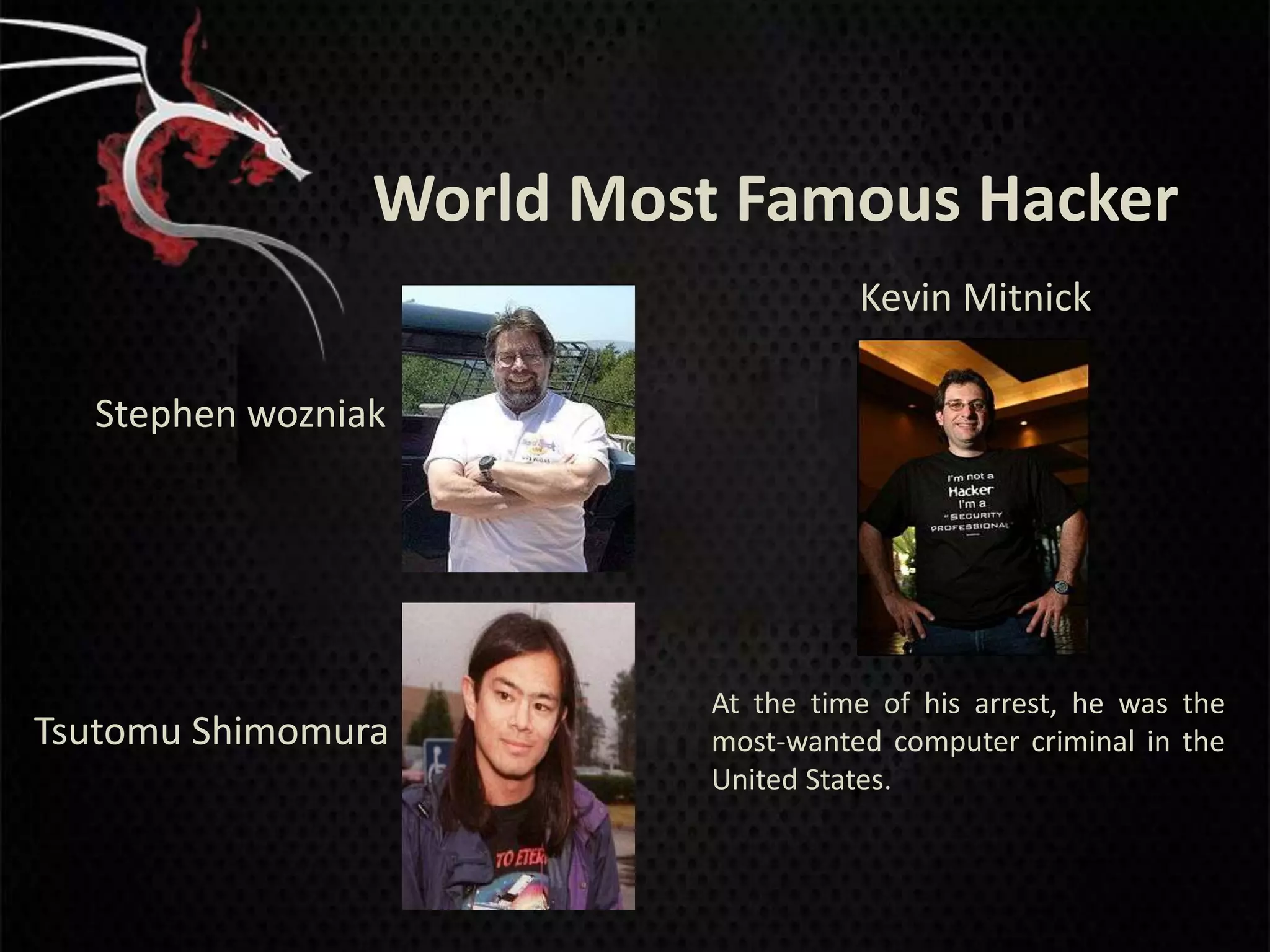 World Most Famous Hacker
                                    Kevin Mitnick

  Stephen wozniak




                          At the time of his arrest, he was the
Tsutomu Shimomura         most-wanted computer criminal in the
                          United States.
 