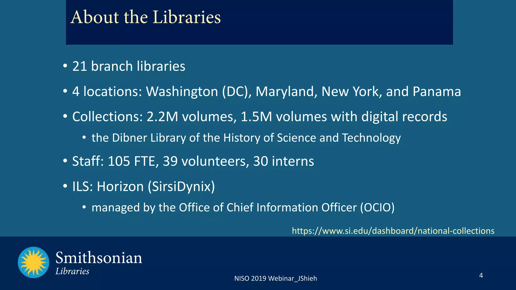 4NISO 2019 Webinar_JShieh
About the Libraries
• 21 branch libraries
• 4 locations: Washington (DC), Maryland, New York, and Panama
• Collections: 2.2M volumes, 1.5M volumes with digital records
• the Dibner Library of the History of Science and Technology
• Staff: 105 FTE, 39 volunteers, 30 interns
• ILS: Horizon (SirsiDynix)
• managed by the Office of Chief Information Officer (OCIO)
https://www.si.edu/dashboard/national-collections
 