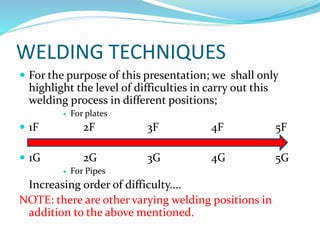 WELDING TECHNIQUES
 For the purpose of this presentation; we shall only
highlight the level of difficulties in carry out this
welding process in different positions;
 For plates
 1F 2F 3F 4F 5F
 1G 2G 3G 4G 5G
 For Pipes
Increasing order of difficulty....
NOTE: there are other varying welding positions in
addition to the above mentioned.
 