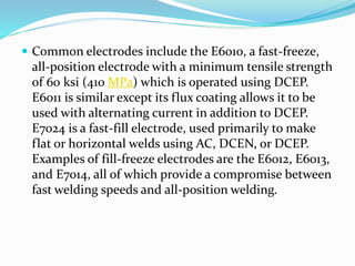  Common electrodes include the E6010, a fast-freeze,
all-position electrode with a minimum tensile strength
of 60 ksi (410 MPa) which is operated using DCEP.
E6011 is similar except its flux coating allows it to be
used with alternating current in addition to DCEP.
E7024 is a fast-fill electrode, used primarily to make
flat or horizontal welds using AC, DCEN, or DCEP.
Examples of fill-freeze electrodes are the E6012, E6013,
and E7014, all of which provide a compromise between
fast welding speeds and all-position welding.
 