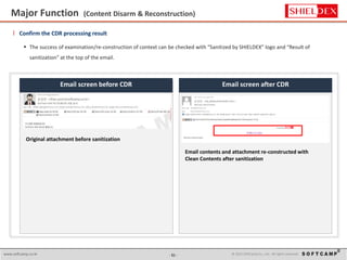 - 11 - © 2015 SoftCamp Co., Ltd. All rights reserved.www.softcamp.co.kr
Major Function (Content Disarm & Reconstruction)
11
l Confirm the CDR processing result
 The success of examination/re-construction of context can be checked with “Sanitized by SHIELDEX” logo and “Result of
sanitization” at the top of the email.
Email screen after CDREmail screen before CDR
Original attachment before sanitization
`
`
`
Email contents and attachment re-constructed with
Clean Contents after sanitization
 