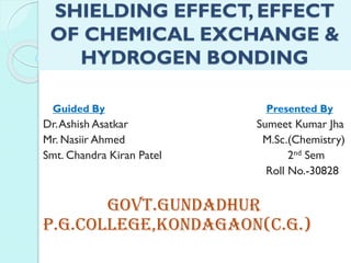 SHIELDING EFFECT, EFFECT
OF CHEMICAL EXCHANGE &
HYDROGEN BONDING
Guided By Presented By
Dr.Ashish Asatkar Sumeet Kumar Jha
Mr. Nasiir Ahmed M.Sc.(Chemistry)
Smt. Chandra Kiran Patel 2nd Sem
Roll No.-30828
GOVT.GUNDADHUR
P.G.COLLEGE,KONDAGAON(C.G.)
 