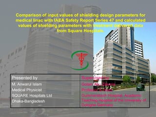 Comparison of input values of shielding design parameters for medical linac with IAEA Safety Report Series 47 and calculated values of shielding parameters with treatment delivered data from Square Hospitals. Golam Abu Zakaria Professor & Head Gummersbach Hospital, Academic Teaching Hospital of the University of Cologne Germany M. Anwarul Islam Medical Physicist SQUARE Hospitals Ltd Dhaka-Bangladesh Supervised by Presented by 