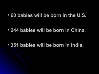 60 babies will be born in the U.S. 244 babies will be born in China. 351 babies will be born in India. 