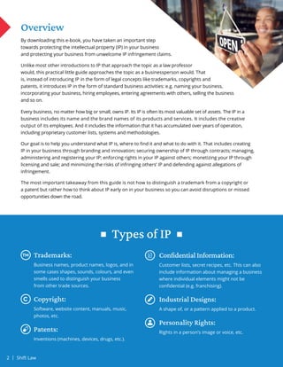 Overview
By downloading this e-book, you have taken an important step
towards protecting the intellectual property (IP) in your business
and protecting your business from unwelcome IP infringement claims.
Unlike most other introductions to IP that approach the topic as a law professor
would, this practical little guide approaches the topic as a businessperson would. That
is, instead of introducing IP in the form of legal concepts like trademarks, copyrights and
patents, it introduces IP in the form of standard business activities: e.g. naming your business,
incorporating your business, hiring employees, entering agreements with others, selling the business
and so on.
Trademarks:
Business names, product names, logos, and in
some cases shapes, sounds, colours, and even
smells used to distinguish your business
from other trade sources.
Copyright:
Software, website content, manuals, music,
photos, etc.
Patents:
Inventions (machines, devices, drugs, etc.).
Confidential Information:
Customer lists, secret recipes, etc. This can also
include information about managing a business
where individual elements might not be
confidential (e.g. franchising).
Industrial Designs:
A shape of, or a pattern applied to a product.
Personality Rights:
Rights in a person’s image or voice, etc.
Every business, no matter how big or small, owns IP. Its IP is often its most valuable set of assets. The IP in a
business includes its name and the brand names of its products and services. It includes the creative
output of its employees. And it includes the information that it has accumulated over years of operation,
including proprietary customer lists, systems and methodologies.
Our goal is to help you understand what IP is, where to find it and what to do with it. That includes creating
IP in your business through branding and innovation; securing ownership of IP through contracts; managing,
administering and registering your IP; enforcing rights in your IP against others; monetizing your IP through
licensing and sale; and minimizing the risks of infringing others’ IP and defending against allegations of
infringement.
The most important takeaway from this guide is not how to distinguish a trademark from a copyright or
a patent but rather how to think about IP early on in your business so you can avoid disruptions or missed
opportunities down the road.
Types of IP
2 | Shift Law
 