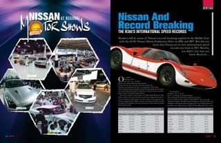 HERITAgE

               NISSAN AT REgIOnAL                Nissan And
                                                 Record Breaking
                                                 ThE R380’s INTERNATIONAL spEEd REcORds
                                                 Readers will be aware of Nissan’s record breaking exploits in the Middle East
                                                 with the 24-Hr Nissan Altima Endurance Drive in 2006 and 2007. But did you
                                                                              know that Nissan set its first international speed
                                                                                             records way back in 1967. Betcha,
                                                                                                       you didn’t, but now you
                                                                                                               know. Read on…




                                KUWAIT
              RIYADH
                                                 O          n separate
                                                            occasions in 1965
                                                            and 1967, the celebrated
                                                 R380 set out to break multiple international speed
                                                 records. The first was in October 1965: the 3rd Japan GP
                                                 was meant to be held that year, but it was postponed to 1966. Prince
                                                 Motors, which had been developing the Prince R380 specifically for the scheduled
                                                 1965 event, decided that instead it would put the racing to the test by pitting it      Two years later on
                                                 against a range of international speed records.                                      October 8, 1967, it was the
                                                    The date was October 6, and the place was Yatabe, Ibaraki Prefecture. Yukio       turn of T. Yokoyama of the Nissan Racing
                                                 Sugita of Prince’s Driving Test Section got into the cockpit and proceeded to        Team. Following the Nissan-Prince merger in the previous
                                                 set new international speed records, one after another, in four categories over      year, the vehicle had been renamed “Nissan R380-II”. There were high
                                                 distances ranging from 50 to 200km. However, at that time the Yatabe course had      expectations riding on the R380, which had beaten its old rival Porsche in the
                                                 not obtained FIA approval, so the 6 new records were valid as Japanese records       3rd Japan GP. And this time, with FIA approval, it set new world records in the 7
                                                 but not world records.                                                               prescribed events (50km, 50 miles, 100km, 100 miles, 200km, 200 miles, 1 hour).

     JORDAN                              DUBAI   International speed records set by Prince R380 (Oct. 6, 1965)                        International speed records set by Nissan R380 (Oct. 8, 1967)
                                                 *2nd attempt at 50km took place on Oct. 14.
                                                 Distance/time     Time elapsed    Average speed (km/h)    Previous record (km/h)     Distance/time    Time elapsed    Average speed (km/h)     Previous record (km/h)
                                                 50km               12’51”44              233.33                   230.51             50km               11’42”88             256.09                   230.51
                                                 50km*              12’35”82              238.15                   230.51             50 miles           18’54”38             255.37                   237.21
                                                 50 miles           20’35”85              234.40                   237.21             100km              23’33”60             254.67                   239.35
                                                 100km              25’33”97              234.69                   239.35             100 miles          38’15”09             252.44                   229.36
                                                 100 miles          41’06”67              234.88                   229.36             200km              47’37”20             251.99                   229.18
                                                 200km              51’04”68              234.93                   229.18             200 miles         1:16’52”35            251.22                    228.54
                       JEDDAH                    1 hour                 -                 235.06                   229.23             1 hour                 -                250.98                    229.23


14                                                                                                                                                                                                                        15
 