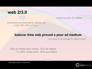 web 2/3.0<br />audiences grew the stalled<br />consumers not motivated by display ads<br />( only 16% click on them )<br /...
