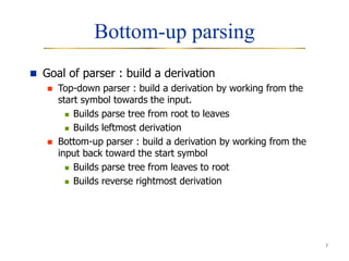 1
Bottom-up parsing
 Goal of parser : build a derivation
 Top-down parser : build a derivation by working from the
start symbol towards the input.
 Builds parse tree from root to leaves
 Builds leftmost derivation
 Bottom-up parser : build a derivation by working from the
input back toward the start symbol
 Builds parse tree from leaves to root
 Builds reverse rightmost derivation
 