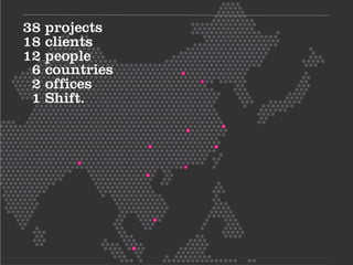 38   projects
18   clients
12   people
 6   countries
 2   offices
 1   Shift.
 