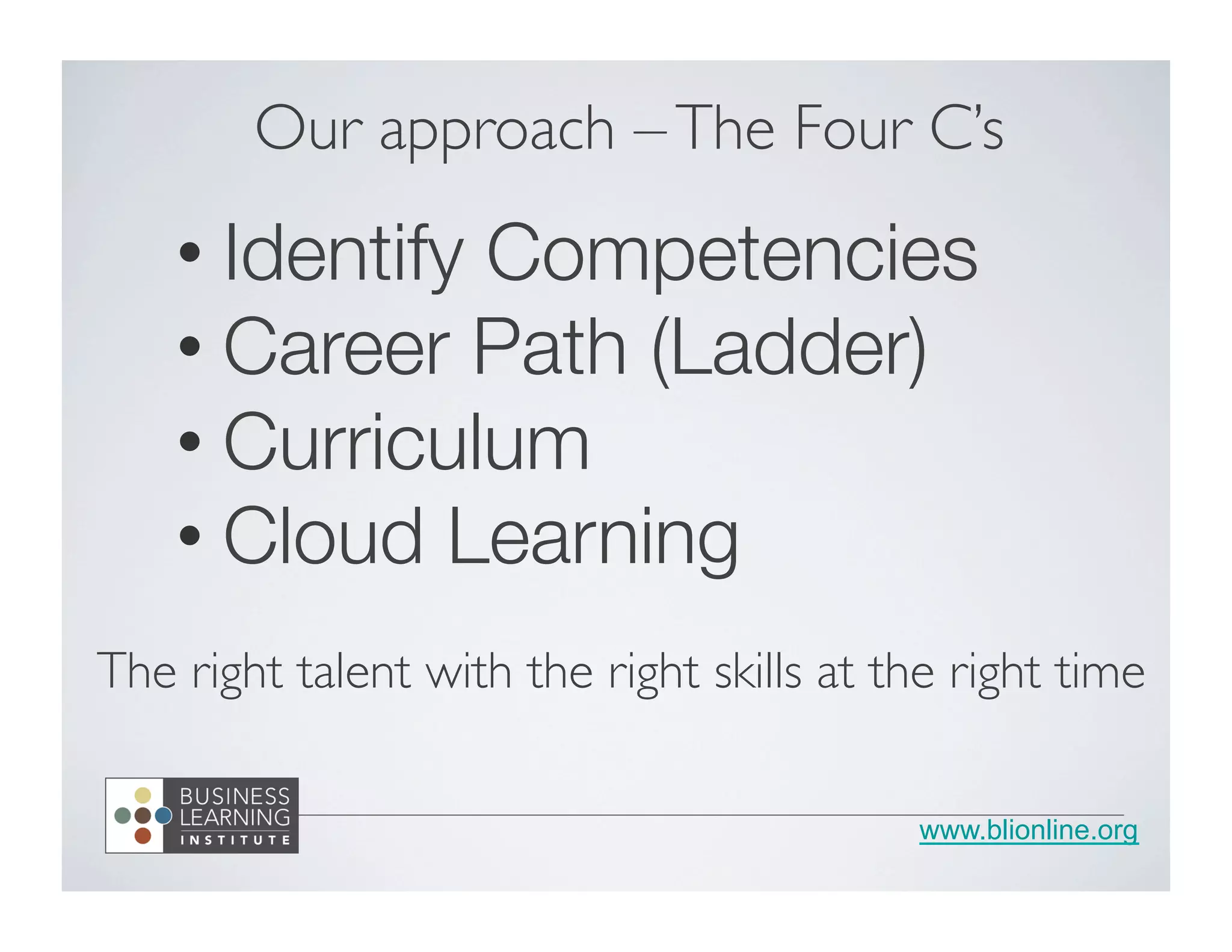 www.blionline.org
• Identify Competencies
• Career Path (Ladder)
• Curriculum
• Cloud Learning
Our approach –The Four C’s
The right talent with the right skills at the right time
 