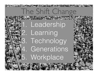 The Shift Change
1.  Leadership!
2.  Learning!
3.  Technology!
4.  Generations!
5.  Workplace!
 