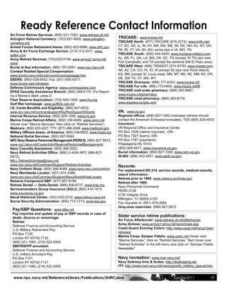 Ready Reference Contact Information
Air Force Retiree Services: (800) 531-7502; www.retirees.af.mil/
Arlington National Cemetery: (703) 607-8000; www.arlington-         TRICARE: www.tricare.mil
cemetery.org                                                        TRICARE North: (877) TRICARE (874-2273); www.hnfs.net/:
Armed Forces Retirement Home: (800) 422-9988; www.afrh.gov          CT, DC, DE, IL, IN, KY, MA, MD, ME, MI, NC, NH, NJ, NY, OH,
Army & Air Force Exchange Service: (214) 312-2011; www.             PA, RI, VT, VA, WI, WV, some zips in IA, MO, TN
aafes.com                                                           TRICARE South: (800) 444-5445; www.humana-military.com:
Army Retired Services: (703)325-9158; www.armyg1.army.mil/          AL, AR, FL, GA, LA, MS, OK, SC, TN (except 35 TN zips near
retire                                                              Fort Campbell), and TX (except the extreme SW El Paso area)
Burial at Sea Information: (866) 787-0081; www.npc.navy.mil         TRICARE West: (888) TRIWEST (874-9378); www.triwest.com:
Combat Related Special Compensation:                                AK, AZ, CA, CO, HI, ID, IA (except 82 zips near Rock Island),
www.donhq.navy.mil/corb/crscb/crscmainpage.htm                      KS, MO (except St. Louis area), MN, MT, ND, NE, NM, NV, OR,
DEERS: (800)-538-9552, Fax: (831) 655-8317;                         DE, SW TX, UT, WA, WY
www.tricare.osd.mil/deers                                           TRICARE Overseas: (888) 777-8343; www.tricare.mil
Defense Commissary Agency: www.commissaries.com                     TRICARE For Life: (866) 773-0404; www.tricare.mil/tfl
DFAS Casualty Assistance Branch: (800) 269-5170; (For Report-       TRICARE mail order pharmacy: (866) 363-8667;
ing a Retiree’s death, press 2)                                     www.tricare.mil/pharmacy
Fleet Reserve Association: (703) 683-1400; www.fra.org              TRICARE retail pharmacy: (866) 363-8779;
Gulf War homepage: www.gulflink.osd.mil                             www.express-scripts.com
I.D. Cards Benefits and Eligibility: (866) 827-5672;
www.npc.navy.mil/commandsupport/PayPersSupport/IDcards              VA: www.va.gov
Internal Revenue Service: (800) 829-1040; www.irs.gov               Regional offices: (800) 827-1000 (overseas retirees should
Marine Corps Retired Affairs: (800) 336-4649; www.usmc.mil          contact the American Embassy/consulate), TDD (800) 829-4833
(Hover over “Marine Services” then click on “Retired Services”)     Insurance:
Medicare: (800) 633-4227. TTY: (877) 486-2048; www.medicare.gov     VA	Regional	Office	and	Insurance	Center
Military Officers Assoc. of America: (800) 234-6622; www.moaa.org   PO Box 7208 (claims inquiries) -OR-
National Burial Services: (800) 697-6940                            PO Box 7327 (loans) -OR-
NPC Navy Reserve Personnel Management (PERS 9): (866) 827-5672,     PO Box 7787 (payments)
www.npc.navy.mil/CareerInfo/ReservePersonnelManagement/             Philadelphia PA 19101
Navy Casualty Assistance: (800) 368-3202                            (800) 669-8477; www.insurance.va.gov
Navy Retired Activities Office: (866) U-ASK-NPC (866-827-           Burial information: (800) 827-1000; www.cem.va.gov
5672);                                                              GI Bill: (888) 442-4551; www.gibill.va.gov/
MILL RetiredActivities@navy.mil;
www.npc.navy.mil/CommandSupport/Retired Activities                  Records:
Navy Uniform Shop: (800) 368-4088; www.navy-nex.com/uniform         For replacement DD 214, service records, medical records,
Navy Worldwide Locator: (901) 874-3388;                             award information:
www.npc.navy.mil/CommandSupport/NavyWorldWideLocator                Retired prior to 1995: www.vetrecs.archives.gov
Reserve Component SBP: (877) 807-8199                               Retired after 1995:
Retiree Dental — Delta Dental: (888) 838-8737; www.trdp.org         Navy Personnel Command
Servicemembers Group Insurance (SGLI): (800) 419-1473;              PERS-312E
www.insurance.va.gov                                                5720 Integrity Drive
Naval Historical Center: (202) 433-2210; www.history.navy.mil       Millington, Tn 38055-3120
Social Security Administration: (800) 772-1213; www.ssa.gov         Fax requests to: (901) 874-2664
                                                                    Gray-area reservists: (866) 827-5672
 Pay/SBP Questions: www.dfas.mil
 Pay inquiries and update of pay or SBP records in case of
 death, divorce or remarriage:
                                                                    Sister service retiree publications:
                                                                    Air Force Afterburner: www.retirees.af.mil/afterburner
 Retiree:
                                                                    Army Echoes: www.armyg1.army.mil/rso/echoes.asp
 Defense Finance and Accounting Service
                                                                    Coast Guard Evening Colors: http://www.uscg.mil/hq/cg1/psc/
 U.S. Military Retirement Pay
                                                                    retnews/
 PO Box 7130
                                                                    Marine Corps Semper Fidelis: www.usmc.mil (hover over
 London KY 40742-7130
                                                                    “Marine Services,” click on “Retired Services,” then hover over
 (800) 321-1080, (216) 522-5955
                                                                    “Retired Activities” in the left menu and click on “Semper Fidelis
 SBP/RSFPP annuitant:
                                                                    Newsletter”
 Defense Finance and Accounting Service
 U.S. military Annuitant Pay
 PO Box 7131                                                        Navy recreation: www.mwr.navy.mil/
 London KY 40742-7131                                               Navy Gateway Inns & Suites: http://dodlodging.net
 (800) 321-1080, (216) 522-5955                                     ITT: http://www.mwr.navy.mil/mwrprgms/itt_military_special.htm


  www.npc.navy.mil/ReferenceLibrary/Publications/ShiftColors                                              Spring 2011              19
 