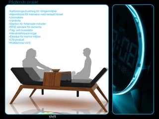 •Kalibreringsutrustning för röntgenmiljöer
•Alarmklocka för mäniskor med nedsatt hörsel
•Urinmätare
•Vårdbrits
•Styrdon för förlamade individer
•RFID sändare för dementa
•Tåg- och bussdator
•Hårvårdsförpackningar
•Elstolpe för marina miljöer
•CSI-produkt
•Rörklammer VVS
 