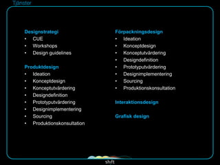 Designstrategi              Förpackningsdesign
• CUE                       • Ideation
• Workshops                 • Konceptdesign
• Design guidelines         • Konceptutvärdering
                            • Designdefinition
Produktdesign               • Prototyputvärdering
• Ideation                  • Designimplementering
• Konceptdesign             • Sourcing
• Konceptutvärdering        • Produktionskonsultation
• Designdefinition
• Prototyputvärdering       Interaktionsdesign
• Designimplementering
• Sourcing                  Grafisk design
• Produktionskonsultation
 