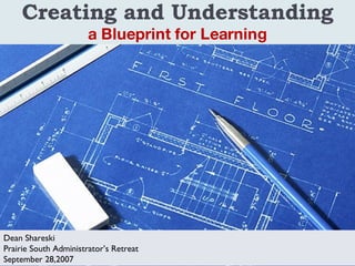 Creating and Understanding a Blueprint for Learning We all know the world has changed and is doing so exponentially But connecting the dots as to what the implications are for schools is challenging Lest you think this is only about technology…I hope you reconsider Certainly technology is embedded in the shift and at times drives it but Classrooms and schools are trying to respond to the needs of today’s and tomorrow’s learners I don’t have all the answers and often have more questions but we’re trying to put together some ideas and principles that we think will help schools focus their attention Dean Shareski Prairie South Administrator’s Retreat September 28,2007 