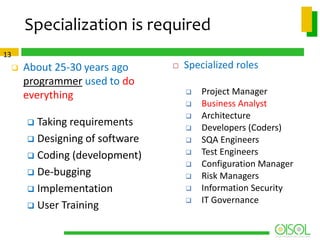 Specialization is required
13



About 25-30 years ago
programmer used to do
everything
Taking requirements
 Designing of software
 Coding (development)
 De-bugging
 Implementation
 User Training




Specialized roles












Project Manager
Business Analyst
Architecture
Developers (Coders)
SQA Engineers
Test Engineers
Configuration Manager
Risk Managers
Information Security
IT Governance

 