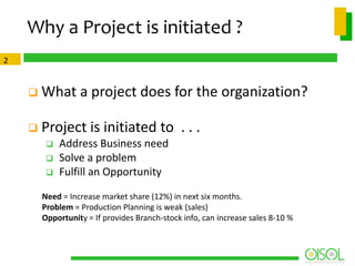 Why a Project is initiated ?
2



What a project does for the organization?



Project is initiated to . . .




Address Business need
Solve a problem
Fulfill an Opportunity

Need = Increase market share (12%) in next six months.
Problem = Production Planning is weak (sales)
Opportunity = If provides Branch-stock info, can increase sales 8-10 %

 