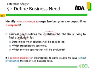 Enterprise Analysis

5.1 Define Business Need
31

Identify why a change to organisation systems or capabilities
is required?


Business need deﬁnes the problem that the BA is trying to
ﬁnd a solution for.




Determines which solutions will be considered.
Which stakeholders consulted.
Which solution approaches will be evaluated.

It is common practice for organizations to act to resolve the issue without
investigating the underlying business need.

 