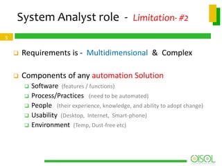 System Analyst role - Limitation- #2
5



Requirements is - Multidimensional & Complex



Components of any automation Solution







Software (features / functions)
Process/Practices (need to be automated)
People (their experience, knowledge, and ability to adopt change)
Usability (Desktop, Internet, Smart-phone)
Environment (Temp, Dust-free etc)

 