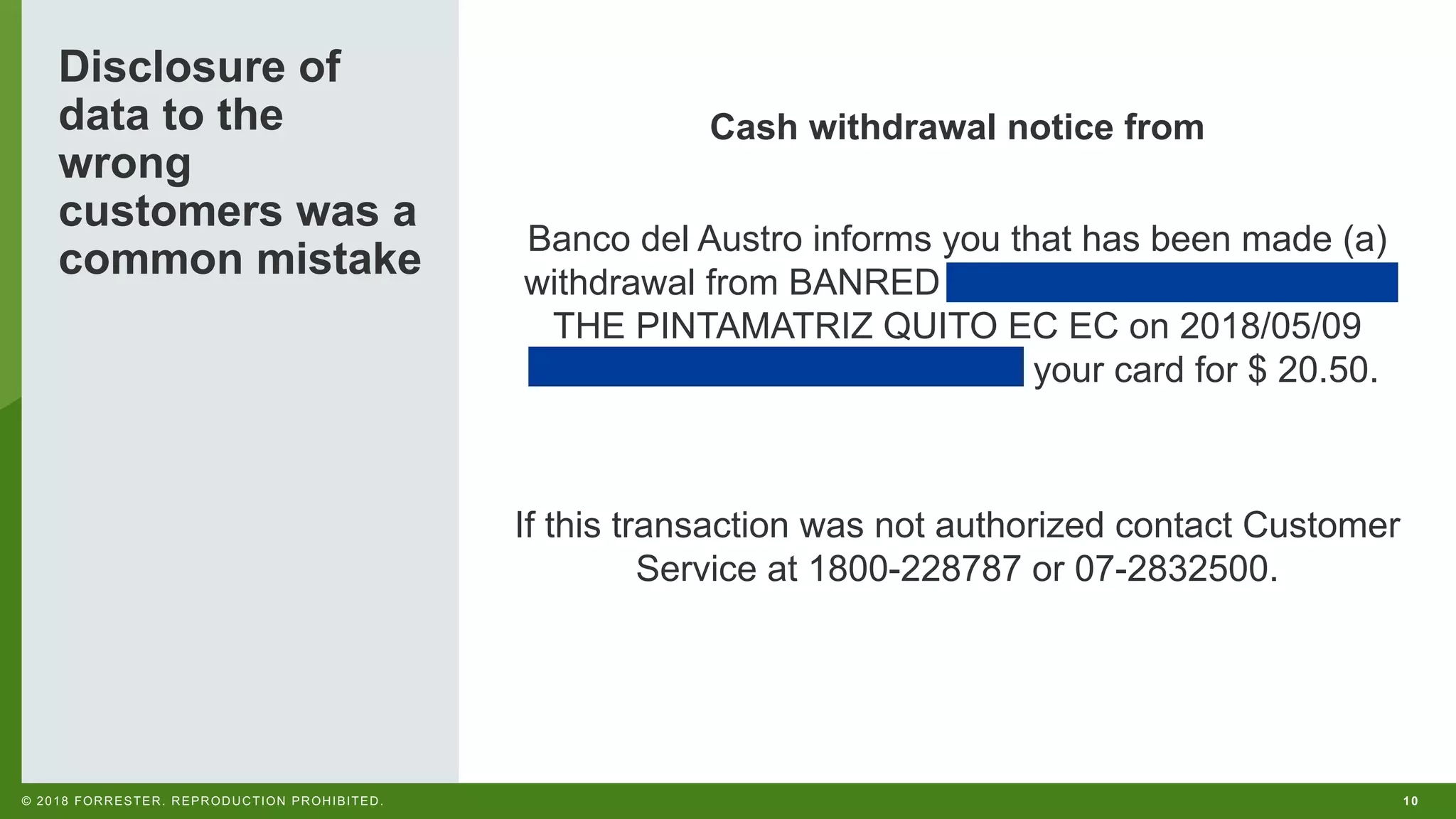 10© 2018 FORRESTER. REPRODUCTION PROHIBITED.
Disclosure of
data to the
wrong
customers was a
common mistake
Cash withdrawal notice from
Banco del Austro informs you that has been made (a)
withdrawal from BANRED 02550009-CPN-ATM0009 -
THE PINTAMATRIZ QUITO EC EC on 2018/05/09
072734 4931XXXXXXXX7839 your card for $ 20.50.
If this transaction was not authorized contact Customer
Service at 1800-228787 or 07-2832500.
 